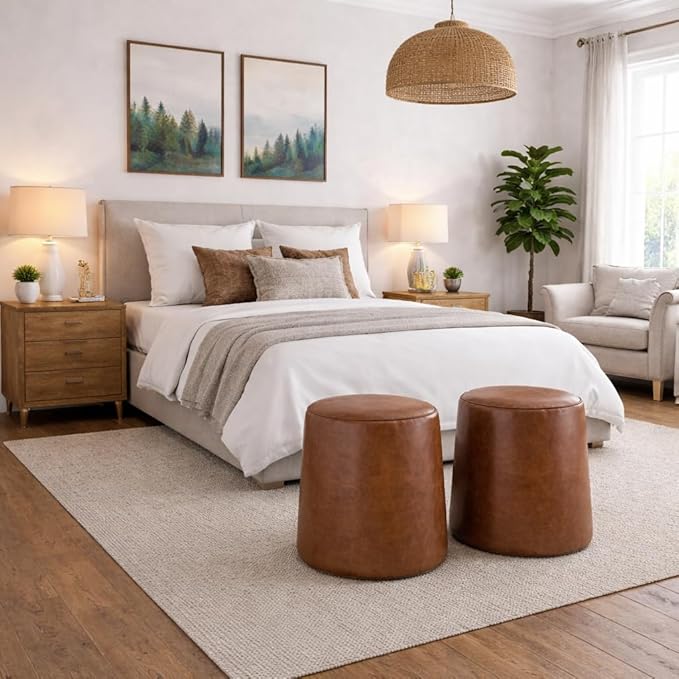 HomePop Faux Leather Organic Shape Ottoman (No Lid, Seat Only) | HomePop Home Décor | Round Pouf Foot Rest – Chestnut Faux Leather Faux Leather