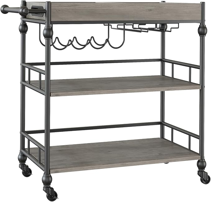 IDEALHOUSE Bar Cart, 3 Tier Bar Carts for Home with Wheels, Metal Rolling Serving Cart with Wine Rack & Glass Holder, Removable Tray and Storage Shelves for Kitchen, Dining Room, Living Room – Grey