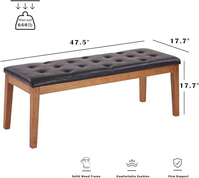 Ottoman Bench Upholstered Padded Seat with Solid Wood Legs and Button-Tufted, Big Oversized Ottoman, Faux Leather Cognac Brown