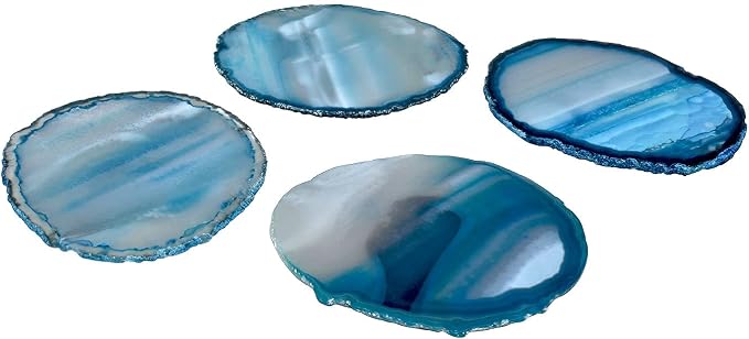Nature's Decorations Teal Agate Stone Coasters - Set of 4, Polished Geode Drink Mats for Dining & Coffee Table & Kitchen Geode Decor Non-Toxic 3.5-4" Diameter