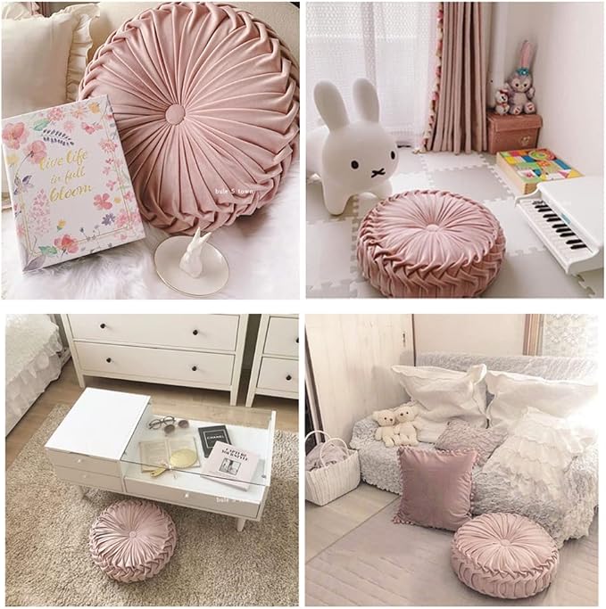 NatureMan 13.7 inch Round Sofa Cushion Pure Color Velvet Home Decor, Pleated Round Cushion, Pumpkin Pillow Suitable for Home Bed car Decoration (Pink)
