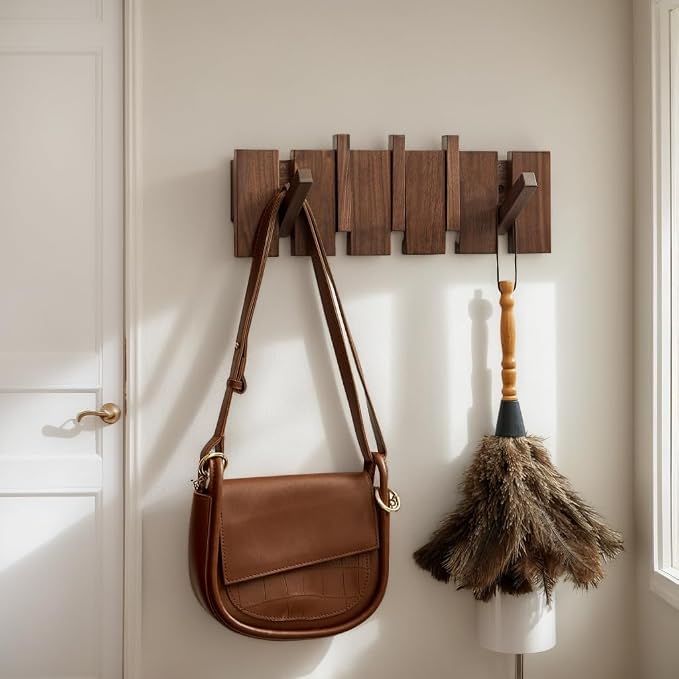 Wood Coat Rack Wall Mount - Large Walnut Piano Coat Rack wtih 5 Hooks for Hanging Clothes,Keys,Robes,Purse,Towels,Modern Decorative Wall hooks Heavy Duty Hanger Organizer for Bathroom/Bedroom/Entryway