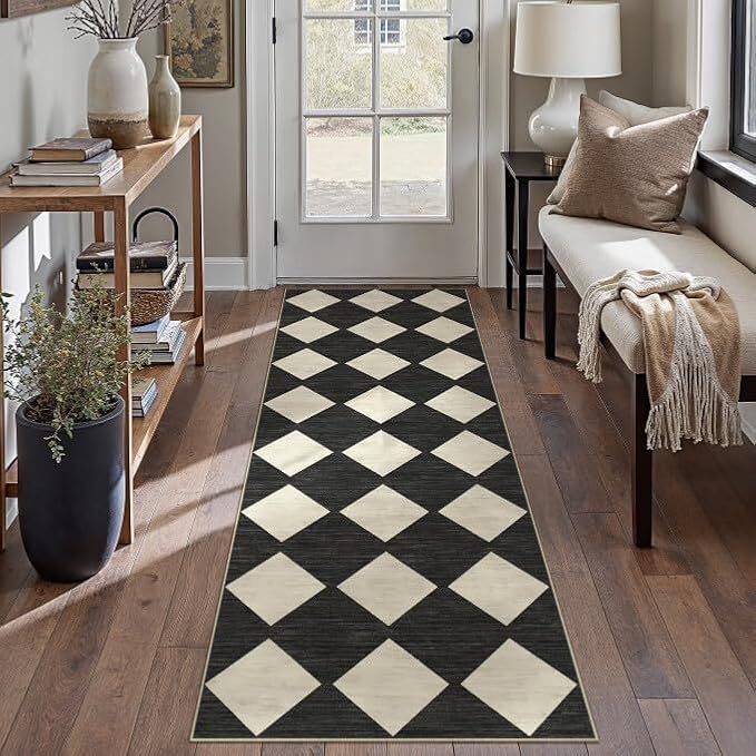 PureCozy Checkered 2'6x10 Runner Rug for Hallways Black and White Washable Long Carpet Non-Slip Low Pile Modern Soft Indoor Accent Throw Rugs for Entrance Kitchen Bedroom Dining Laundry