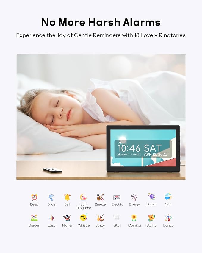 Mesqool 10.1" Dementia Clock for Seniors with Time and Date Display, Medication Reminders, Large Digital Calendar, Auto Dimming, Remote Control, Indoor Temperature & Humidity, Wall Mountable