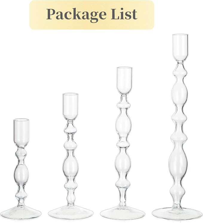 Hewory Glass Candle Holder Set: 4PCS Clear Glass Candlestick Holders Vintage Taper Candle Holders for Candlesticks, Unique Candle Sticks Holder Decor for Table Dinner Festival Events Decorations