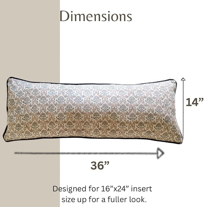Palm & Loom 100% Cotton Linen - Long Lumbar Cushion Cover - Ziya Elegant Throw Pillow Case with Blue & Peach Print with Piping - Modern Traditional Living Room, Sofa, Bedroom Pillow Cover-14x36 Inch