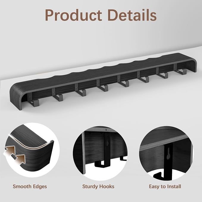 Coat Rack Wall Mount with Hidden Hooks, Wall Hooks with Shelf, Wall Key Holder Mount Wooden Shelf Entryway Hooks for Bedroom Bathroom for Hanging Coats Hats Bags Towels (Black Wave-Shape, 8 Hooks)