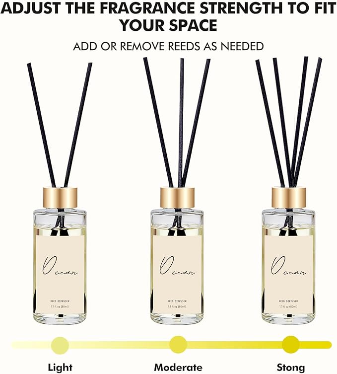 Reed Diffuser Set of 3, Eucalyptus, Linen & Ocean Scented Oil Diffusers with 15 Reeds, Long-Lasting Home Fragrance for Bedroom & Bathroom Decor, 1.7 fl oz Each, Total 5.1 oz