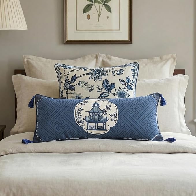 bilin gaier Designer Linen Throw Pillow Covers,28"x12" Set of 2-Suqing B | Chinoiserie Elegant Rectangular Blue Pillow Cover,Concealed Zipper,Sofas,Bedroom,Living Room,Dining,Lounge Chairs