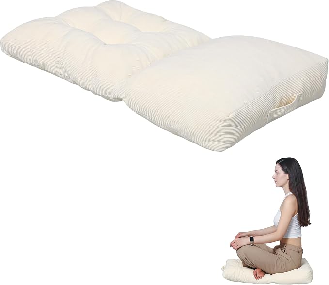 Meditation Cushion, Large Meditation Mat and Pillow for Sitting on Floor, 2-in-1 Portable Yoga Pillow, Tufted Corduroy Zabuton Cushion for Kneeling and Sitting and Knee Support, Beige