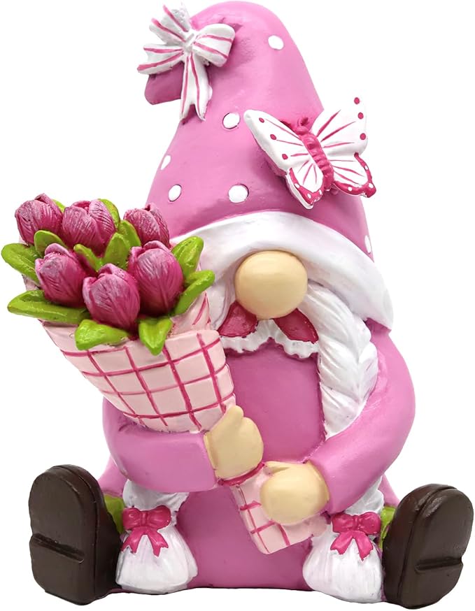 Spring Gnomes Decorations for Home Office- Pink Resin Garden Gnomes with Butterfly Tulip Tiered Tray Decor- Spring Mother's Day & Retirement Gifts