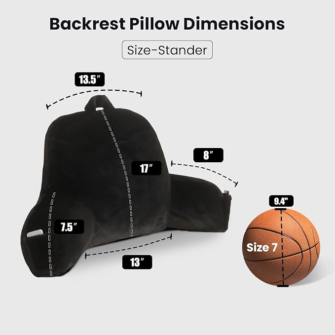 Soft Reading Pillow for Bed with Arms,Middle,Black,Faux Fur | 17" Backrest for Gaming & Lounging,Oeko-TEX Certified Plush Back Pillow for Teens Room