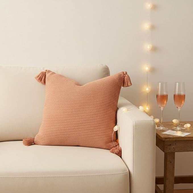 18x18 Ribbed Knit Throw Pillow Cover with Tassel Corners – Soft Pink Clay Valentine’s Day Gift – Evocative Earthy Decor for an Elevated Space