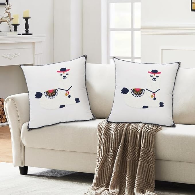 Pack of 2 Embroidered Decorative Throw Pillow Cover 18x18 Inch Farmhouse Floral Pillowcase for Living Room Sofa Bed (Cute Llama)