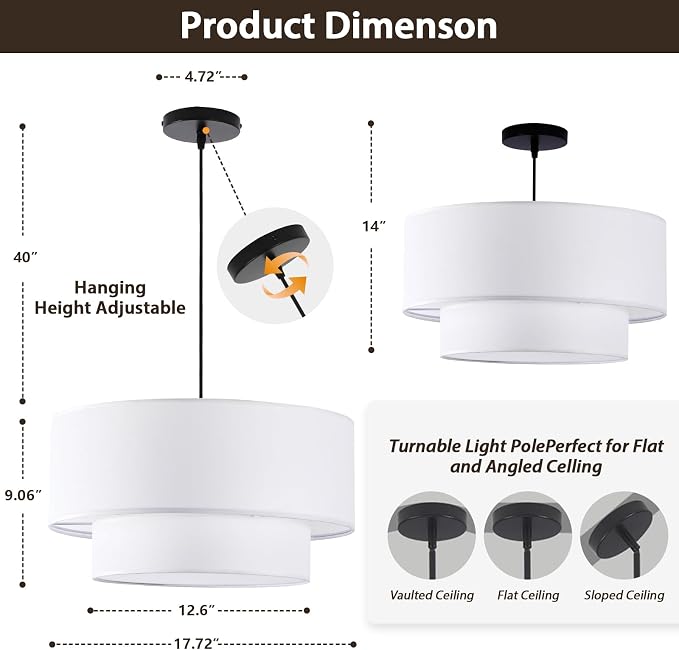 18" Drum Pendant Light Fixture, 3 Light Drum Chandelier with Wihte Fabric Lampshade, 2 Tier Dining Room Light Fixtures over Table, Ceiling Drum Chandeliers for Dining Room, Bedroom and Living Room