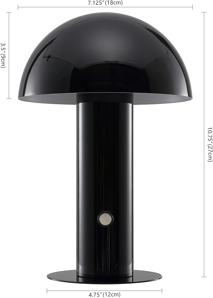 JONATHAN Y 10.75" Black Rechargeable LED Mushroom Table Lamp, Cordless Portable Bedside Lamp for Living Room Bedroom, 3-Way Dimmable Modern Iron Desk Light, Metal Shade JYL7115A