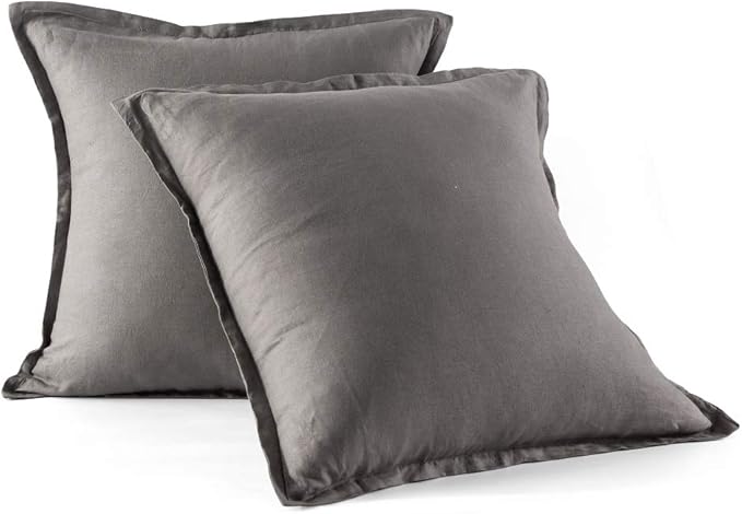 meadow park Stone Washed French Linen European Pillow Shams, Set of 2 Pieces, 26 inches x 26 inches Square Euro Sham, Super Soft, 1 inches Flange, Charcoal Color