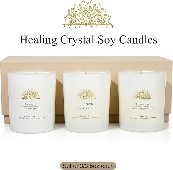 AvaConcept Healing Crystal Candle Gift Set – Set of 3 Celestite, Rose Quartz & Moonstone Hand-Poured Soy Wax Sea Salt Driftwood, Blackcurrant Rose & Amber Noir Aromatherapy Scents Premium Gift Box
