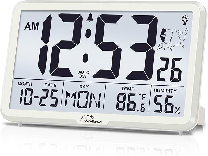 WallarGe Atomic Wall Clock with Backlight, Digital Wall Clock Battery Operated for Classroom, Bedroom, Office, Large Display with Indoor Temperature, Humidity, Date, AUTO DST, 6 Time Zones