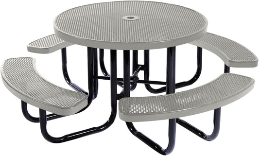 Heavy-Duty Portable Outdoor Picnic Table with Umbrella Hole, Punched Steel Commercial-Grade Patio Dining Furniture Made in America (46" Round Top, Textured Grey)
