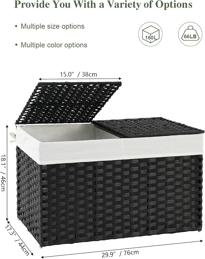 SETVSON Storage Basket with Lid Wicker Baskets for Storage with 2 Separate Lid 42.3 Gallon (160 L) 29.9 x 17.3 x 18.1 Inches Rattan Woven Large Wicker Basket with 2 Liners for Bedroom Laundry Black