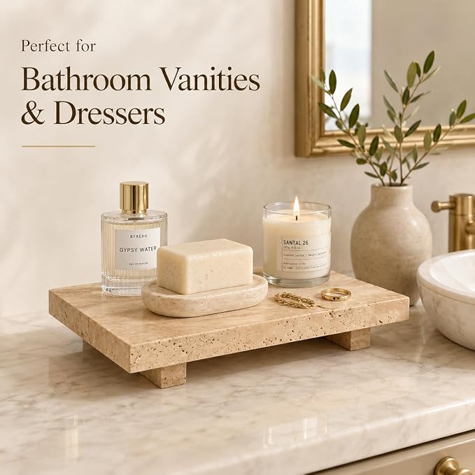 Travertine Vanity Riser for Soap & Perfume 9.84 in | Pedestal Tray for Jewelry and Candles, Decorative Bathroom Counter Dresser Decor