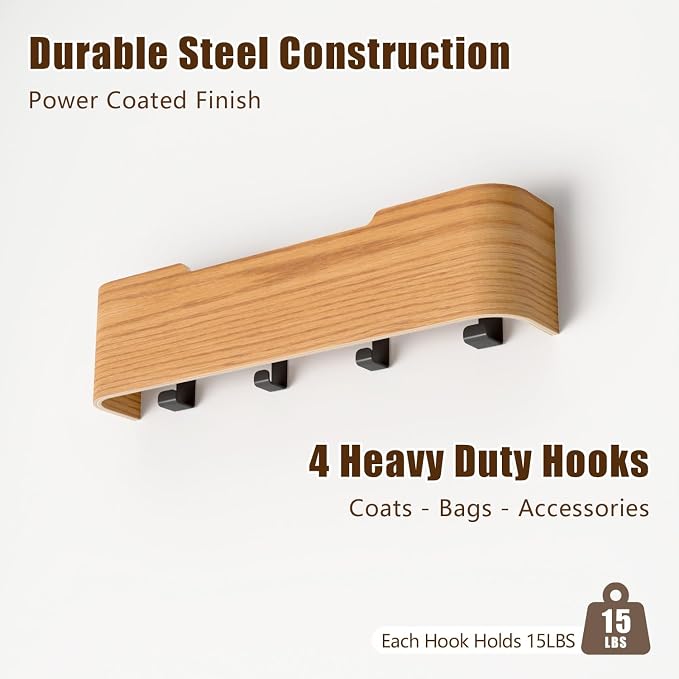 Coat Rack Wall Mount with Hidden Hooks, Wall Hooks with Shelf, Wall Key Holder Mount Wooden Shelf Entryway Hooks for Bedroom Bathroom for Hanging Coats Hats Bags Towels (Oak, 4 Hooks)