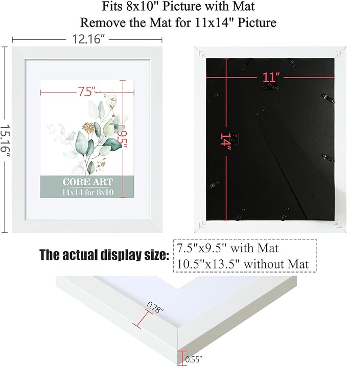 CORE ART 11x14 White Picture Frame Set of 2,Display Pictures 8x10 with Mat or 11 x 14 without Mat,Multi Photo Frames Collage for Wall or Tabletop Display