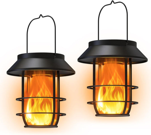 Solar Lanterns Outdoor Waterproof, Upgraded Flickering Flames Hanging Solar Lights for Outside with Wall Hooks, Halloween Decor Retro Metal Outdoor Lanterns Auto On/Off for Patio, Yard Decor