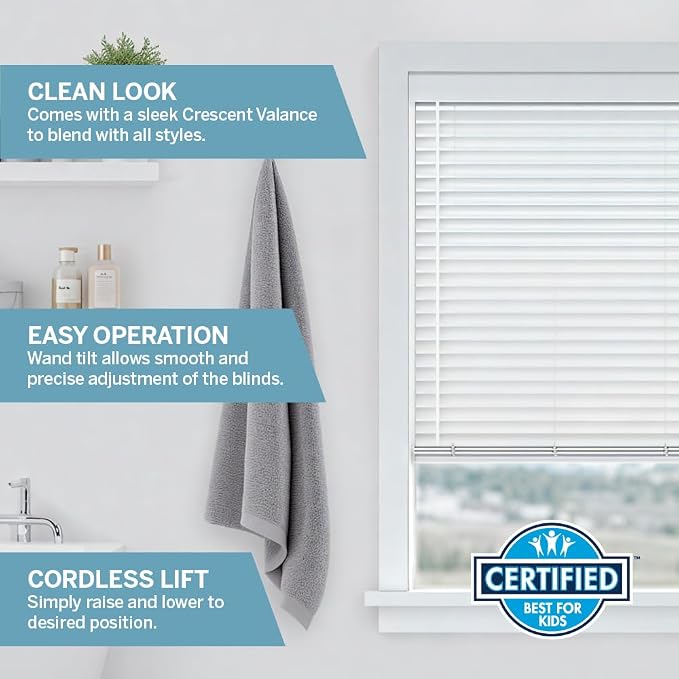 LEVOLOR Basics 2” Faux Wood Horizontal Blinds for Indoor Windows, 34” W x 64” H, Cordless Light Filtering Window Shade for Any Room, White