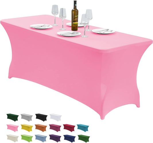 CWK 8FT Waterproof Stretch Spandex Table Cover for Rectangular Tables - Elastic Fitted Tablecloth for Folding Tables,Wrinkle Resistant Table Cloth for Parties, Weddings, Banquets & Events (Pink)