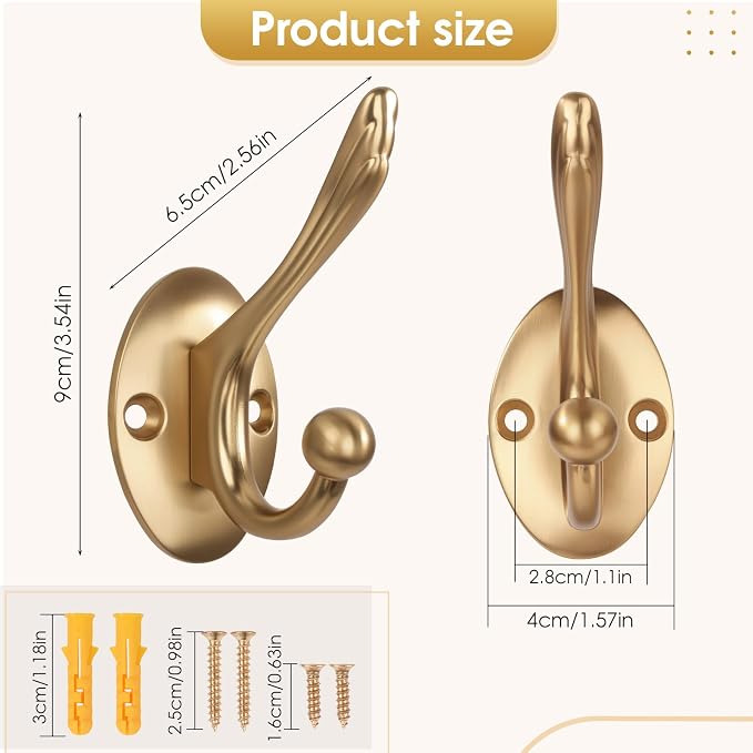 Champagne Bronze Heavy Duty Wall Hooks – 6 Pack Rustic Coat Hooks for Hanging Coats,Robes,Bags,Hats,Wall Mounted with Includes Two Types of Installation Screws TYDCB