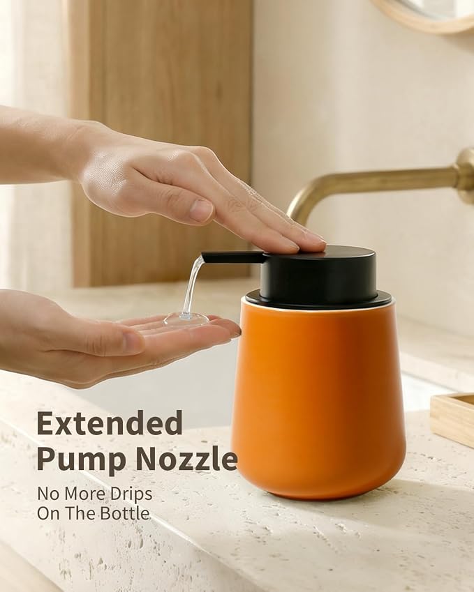 BosilunLife Ceramic Bathroom Accessories Set 3 Pcs, Liquid Soap Dispenser and Toothbrush Holder with Tray, Modern Farmhouse Vanity Decor, Orange Housewarming Gift