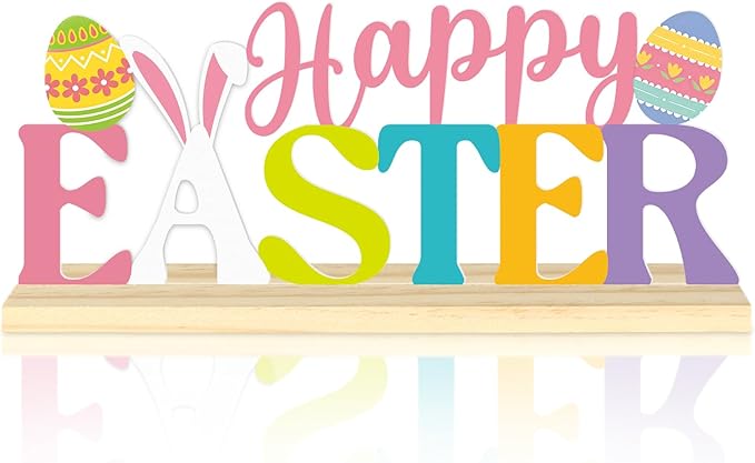 Happy Easter Metal Table Sign, Easter Table Decoration Centerpiece, Metal Letter Sign with Wooden Base,Colorful Spring Tabletop Decor for Home, Office, Shelf, Mantel, Indoor