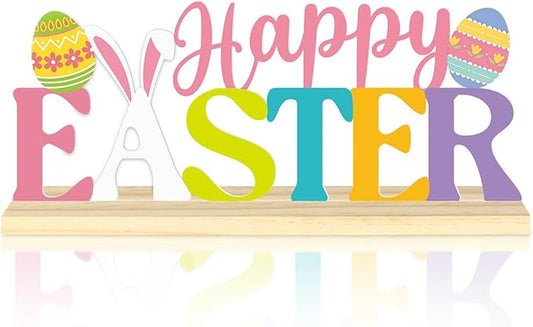 Happy Easter Metal Table Sign, Easter Table Decoration Centerpiece, Metal Letter Sign with Wooden Base,Colorful Spring Tabletop Decor for Home, Office, Shelf, Mantel, Indoor