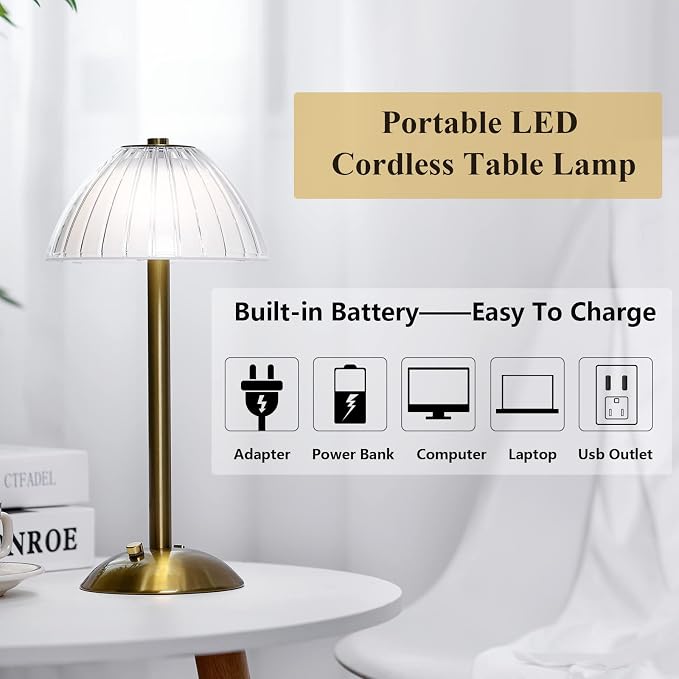 Liliful 4 Pcs Cordless Table Lamp Rechargeable Touch LED Small Gold Portable Battery Operated USB-c Desk Lamp 3 Color Dimmable for Bedroom Living Room Dining (Gold,Mushroom Style)