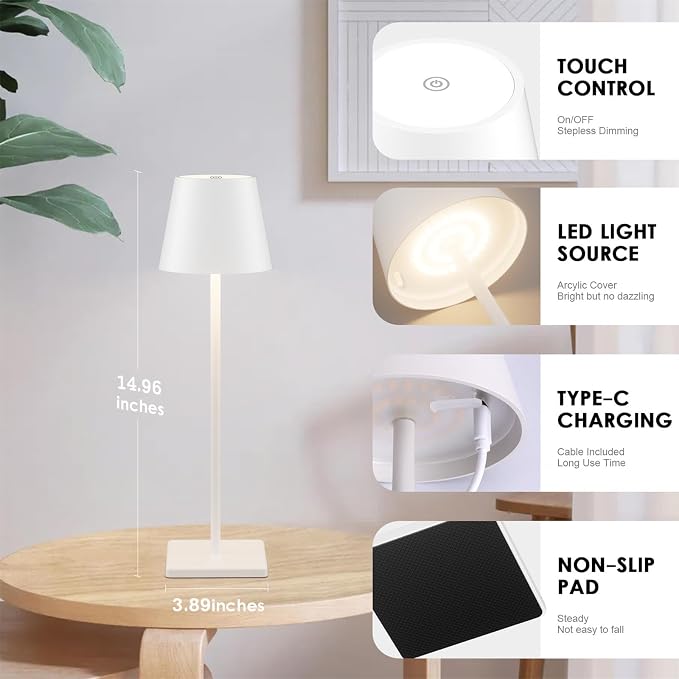 2-Pack Rechargeable Table Lamps, LED Cordless Table Lamp, 5000mAh Battery Operated Table Light, Stepless Dimming Portable Table Light Waterproof for Restaurant/Indoor/Outdoor (White)