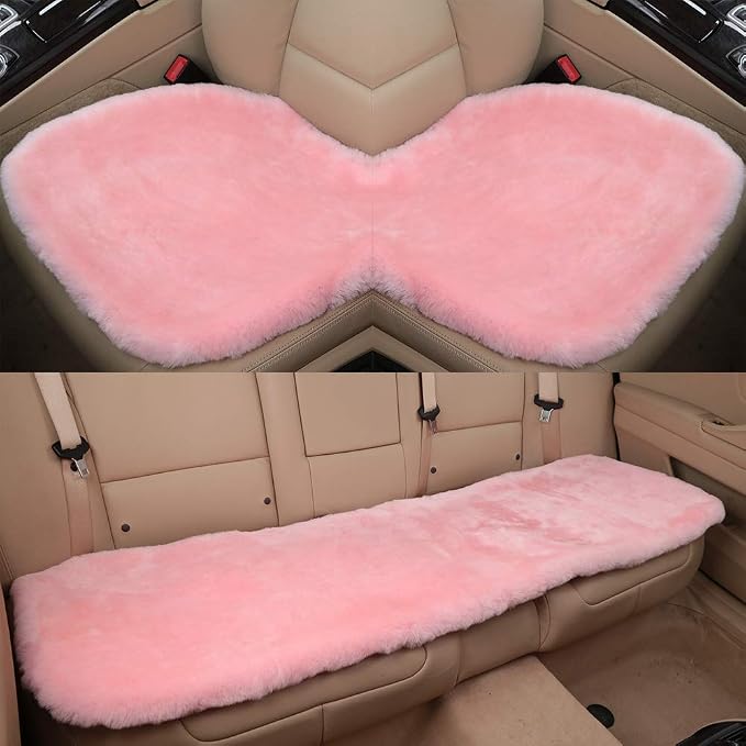 OGLAND Fuzzy Genuine Sheepskin Car Rear Seat Cover for Women Kids Dogs Pets Auto Bench Back Cushion Interior Accessories with Soft Fluffy Wool Natural Fur, Pink