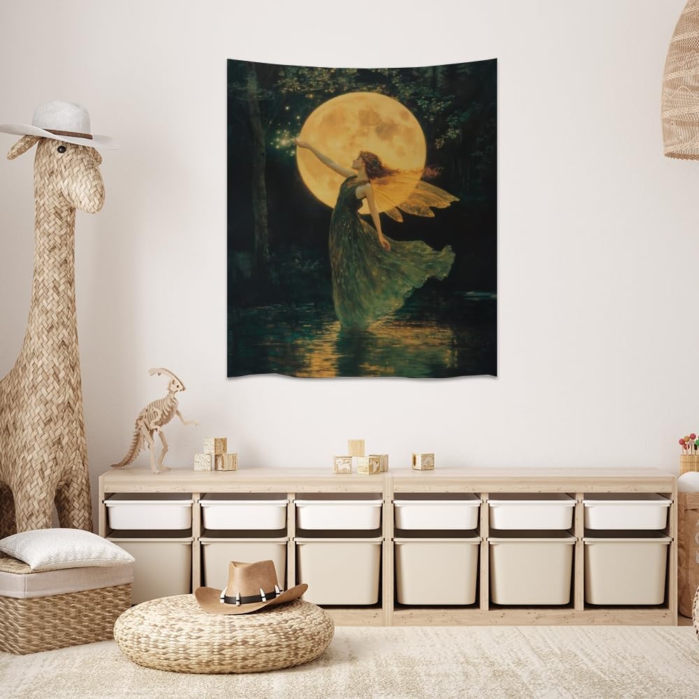 Whimsical Fairy Tapestry Fantasy Moonlight Fae Goddess Print Moody Gothic Aesthetic Wall Hanging Magical Forest Pictures Dark Cottage Witchy Tapestries for Girls Room Bedroom 30x40inch
