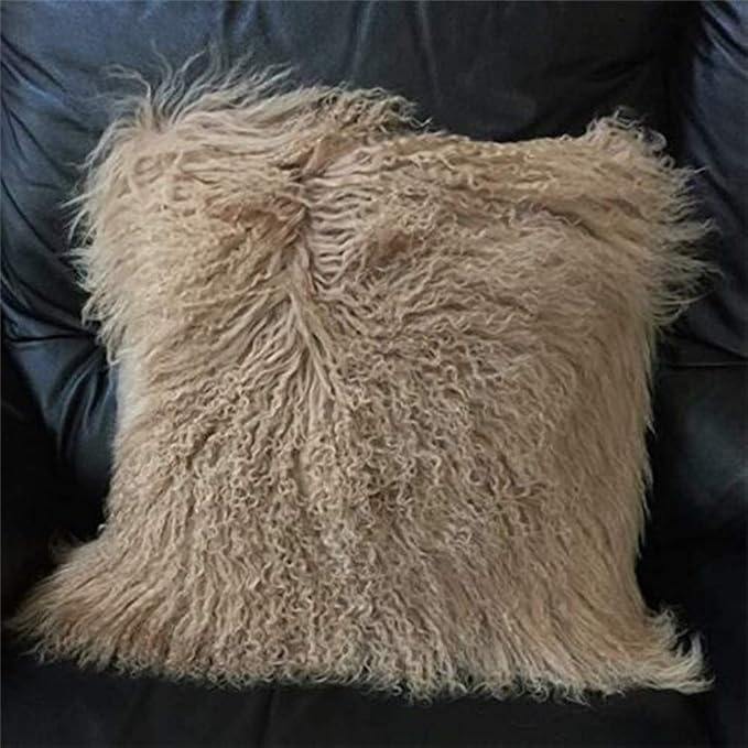 Seek4comfortable Mongolian Tibetan Lamb Fur Throw Pillow Cushion Cover Pillowcase，Khaki (16"x16")