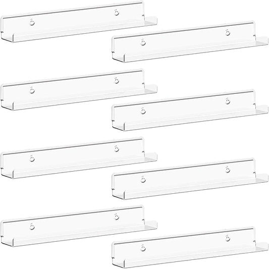 Lifewit Narrow Floating Shelves for Vinyl Record 8 Pack, 12" Clear Wall Shelves for Nail Polish/Book/Picture/Makeup, Acrylic Wall Display Shelf Organizer for Bedroom, Living Room, Bathroom Decor