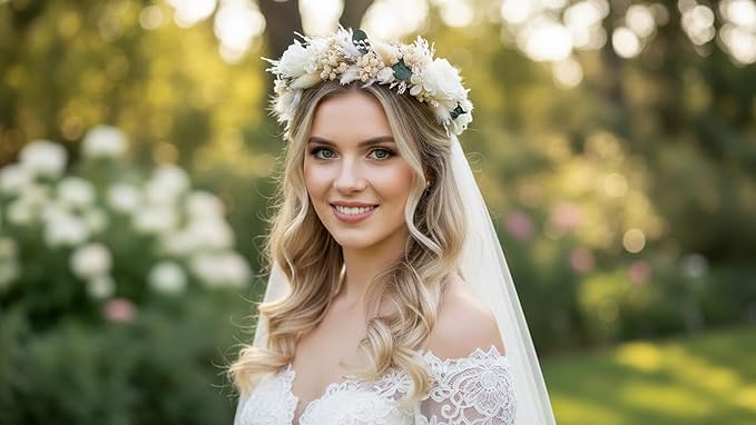 Rustic Preserved Dried Flower Crown with Cream Roses, Natural Floral Headband for Brides Bridesmaids Flower Girls