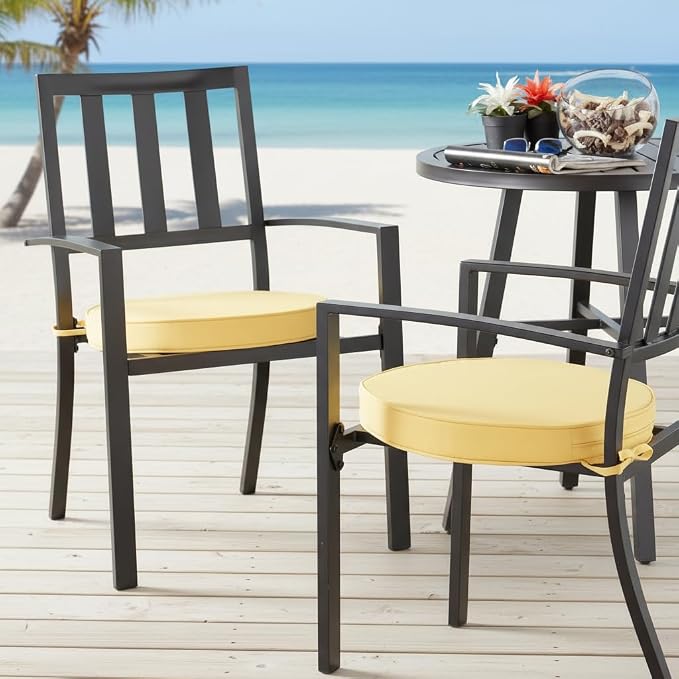 Set of 2 Outdoor 18 inch Round Patio Dining Chair Pads – Comfortable Fiber-Filled Seat Cushions with Ties, Reversible Polyester Fabric, Sunbeam