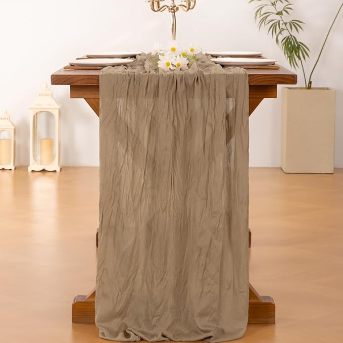 Socomi 15pcs Nude Brown Cheesecloth Table Runner Valentine's Day Boho Rustic Gauze 120 inch 10FT Cheese Cloth Runner for Wedding Party Baby Shower Birthday Home Decor Holiday Decorations