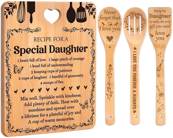 Gifts for Daughter - "Recipe for a Special Daughter" Daughter Birthday Gifts Cutting Board Set, Bamboo-Made Engraved Utensil Set Birthday Gifts for Daughter, Mothers Day Gifts for Daughter