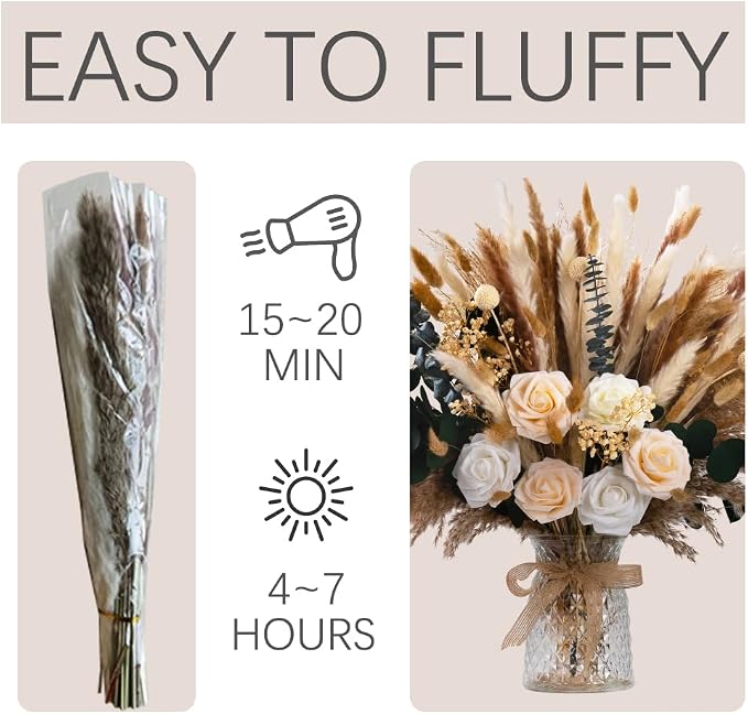 101pcs Artificial Flowers in Vase Natural Dried Pampas Grass Decor with Vase Boho Home Decor Bouquet Bunny Tails Dried Flowers, Reed Grass Bouquet for Wedding Floral Arrangements (101pcs)