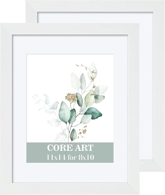 CORE ART 11x14 White Picture Frame Set of 2,Display Pictures 8x10 with Mat or 11 x 14 without Mat,Multi Photo Frames Collage for Wall or Tabletop Display
