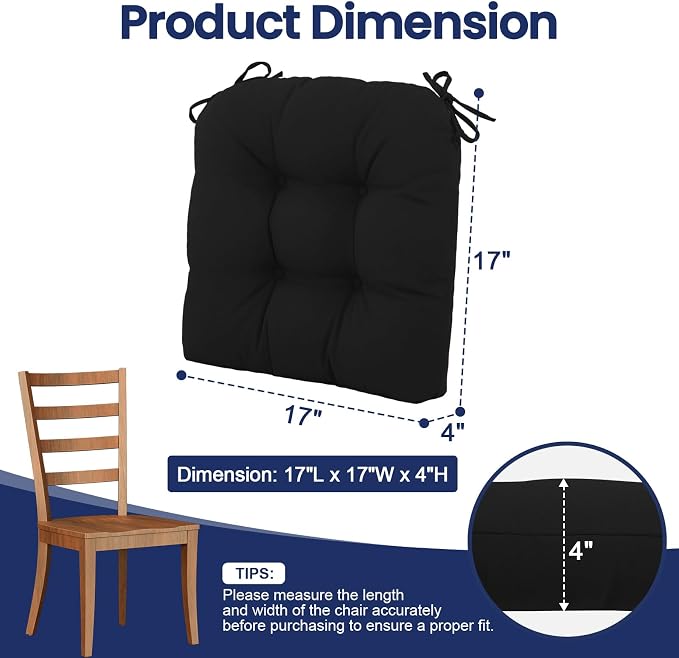 idee-home Outdoor Chair Cushions Set of 2, Patio Seat Cushions | Tufted Thick 17 x 17 x 5 Inch Cushions for Outdoor Furniture Waterproof with Ties, Dining Pads Dark Cerulean