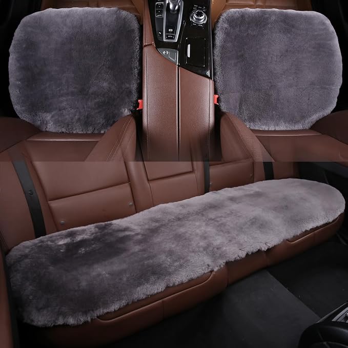 OGLAND Fuzzy Genuine Sheepskin Car Rear Seat Cover for Kids Dogs Pets Auto Bench Back Cushion Interior Accessories with Soft Fluffy Wool Natural Fur, Graphite