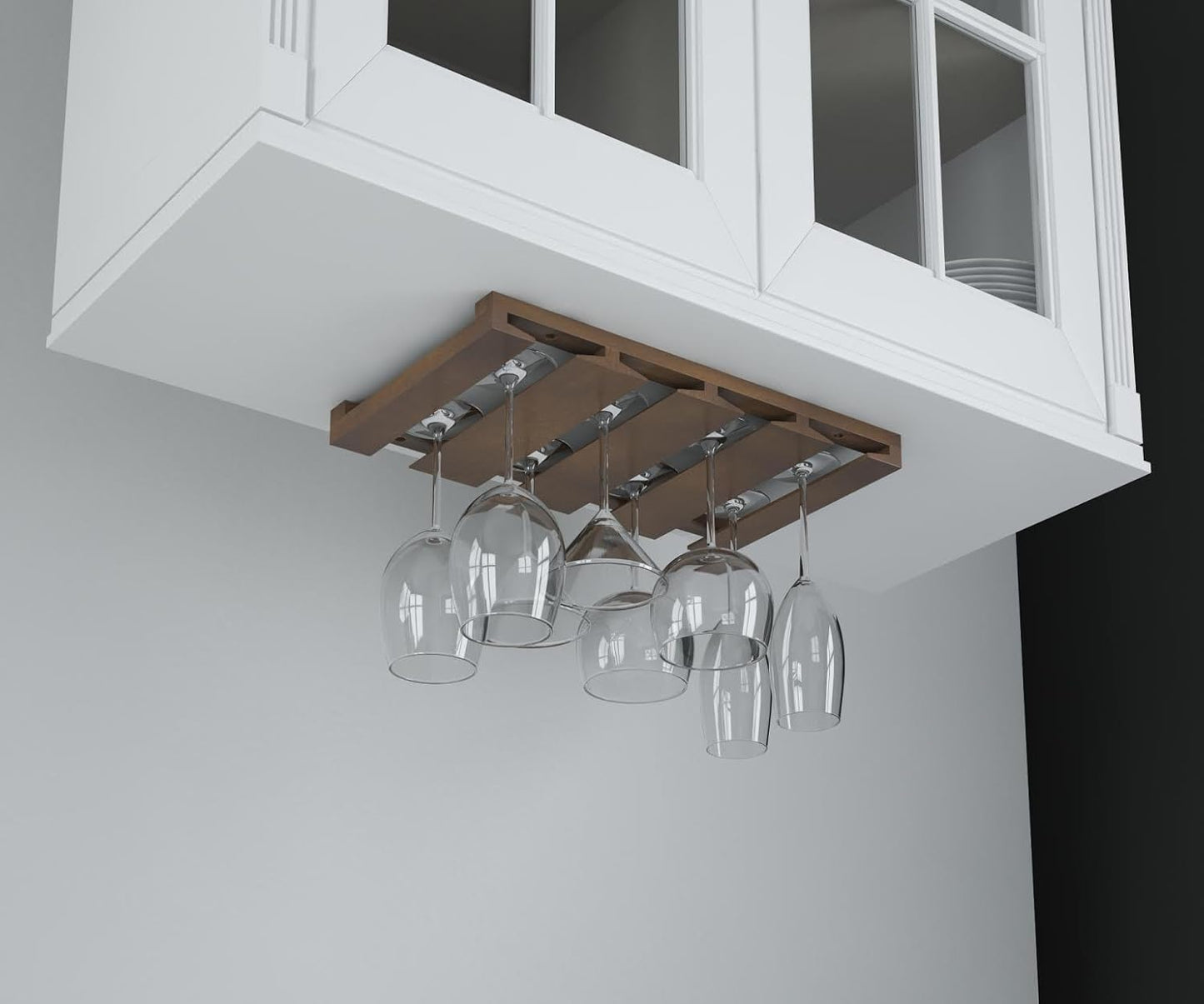 Rustic State Eze 4 Sectional Under Cabinet Mount Wood Stemware Rack Hanging Shelf Glassware Holder Bar Organizer with up to 12 Wine Glass Storage 12 Inch Deep Chestnut